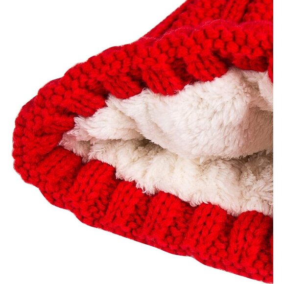 Women\'s Faux Fur Fleece Lined Dark Red Winter Thick Pom Skull Beanie Hat Cap